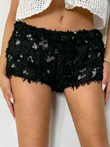 SHEIN ICON 女士新款优雅蓬松亮片超短裤 - 黑色 - 查看 5