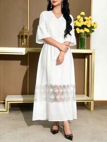 Modelyn Women's White V-Neck Embroidered Lace Patchwork Loose Waist Fit Puff Sleeve Dress - White - View 9