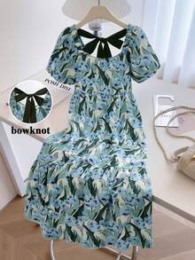 GlowEve Women's Summer Floral Print Blue Square Neck Tie Waist Puff Sleeve A-Line Dress, Fashionable Elegant Casual Vacation Beach - Multicolor - View 6