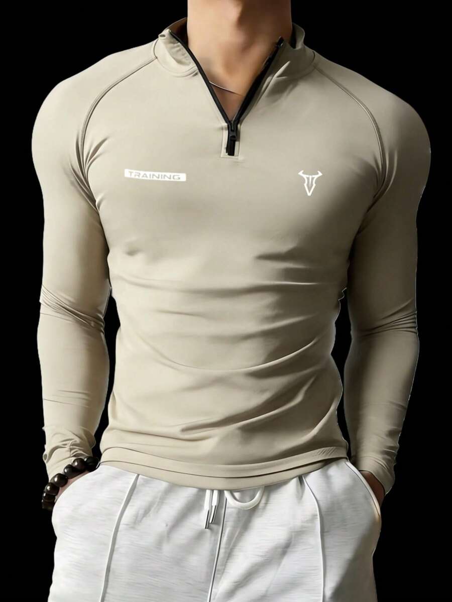 GymBeat 男士立领修身长袖运动T恤 - 杏色 - 查看 1