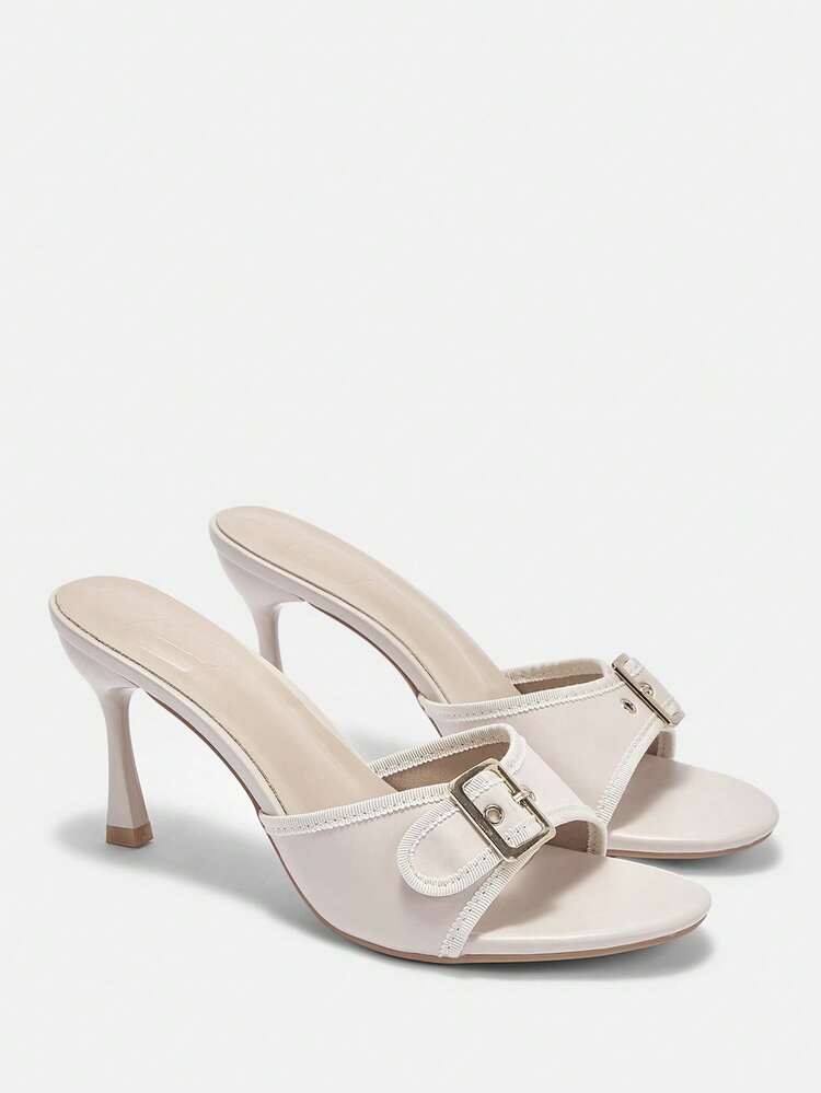 CUCCOO CURVES Women Shoes Wide Fit Fashion Round Toe Stiletto Beige Back Buckle Peep Toe Simple Classic Daily Comfort Fattened High Heel Women Sandals Slippers Plus Size