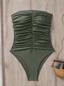 Swim Chiccia 女士纯色褶皱抹胸连体泳衣，沙滩夏季服装 - 軍綠色 - 查看 4