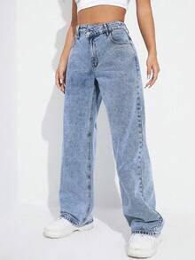 SHEIN EZwear Celana Panjang Wanita Ukuran Plus, Model Kasual, Pinggang Asimetris, Warna Washed - Light Wash - View 4