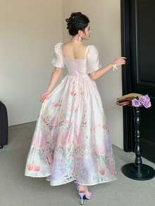 DAZY 法式碎花茶歇裙，花瓣袖温柔公主风连衣裙，女士夏季防晒连衣裙 - 粉色 - 查看 5