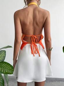 RiviMae 女士优雅度假风深V领扎染花卉露背系带衬衫 - 橘色 - 查看 2