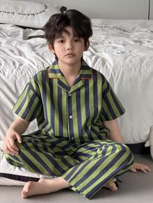 DAZY Tween Boy Striped Short Sleeve Button-Up Top And Pants Pajama Set - Green - View 5
