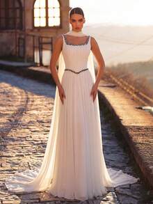 Aureia 优雅、浪漫、时尚、复古杏色雪纺面料，手工绳结装饰，吊带胸衣，宽松裙摆，优雅派对礼服，婚礼宾客礼服，单身派对礼服，正式晚礼服 - 杏色 - 查看 6