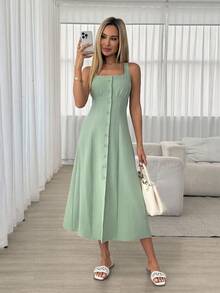 Easowa Summer Casual Green Front Button Sleeveless Dress Womens Button Front Square Neck Sleeveless Midi Dress Elegant Summer Solid Color A Line Dress With Slit Casual Vacation Outfit Chic Women's Sage Green Sleeveless Button Front Midi Dress With Square Neck And Slit For Summer Outings And Daily Wear Summer Dress  Easter Dress Women Beach Dresses Vacation Outfits Women - Pastel Green - View 4