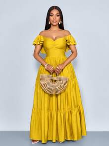 SOLERSUN 女士纯色时尚日常休闲优雅度假浪漫波西米亚海滩度假露背V领褶皱A字长裙飘逸优雅夏季夏威夷摆裙 - 芥末黃 - 查看 5