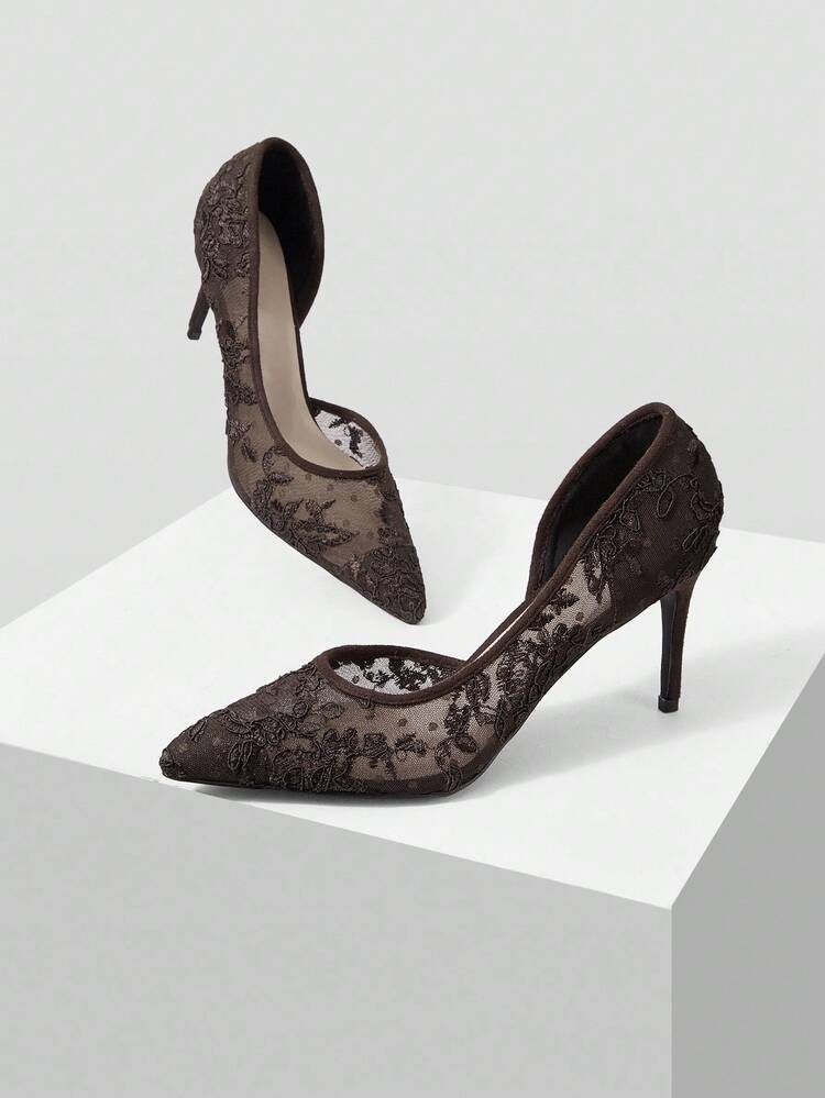 LACE MESH POINTED TOE STILETTO HIGH HEEL PUMPS VALENTINE'S DAY SPRING SHOES