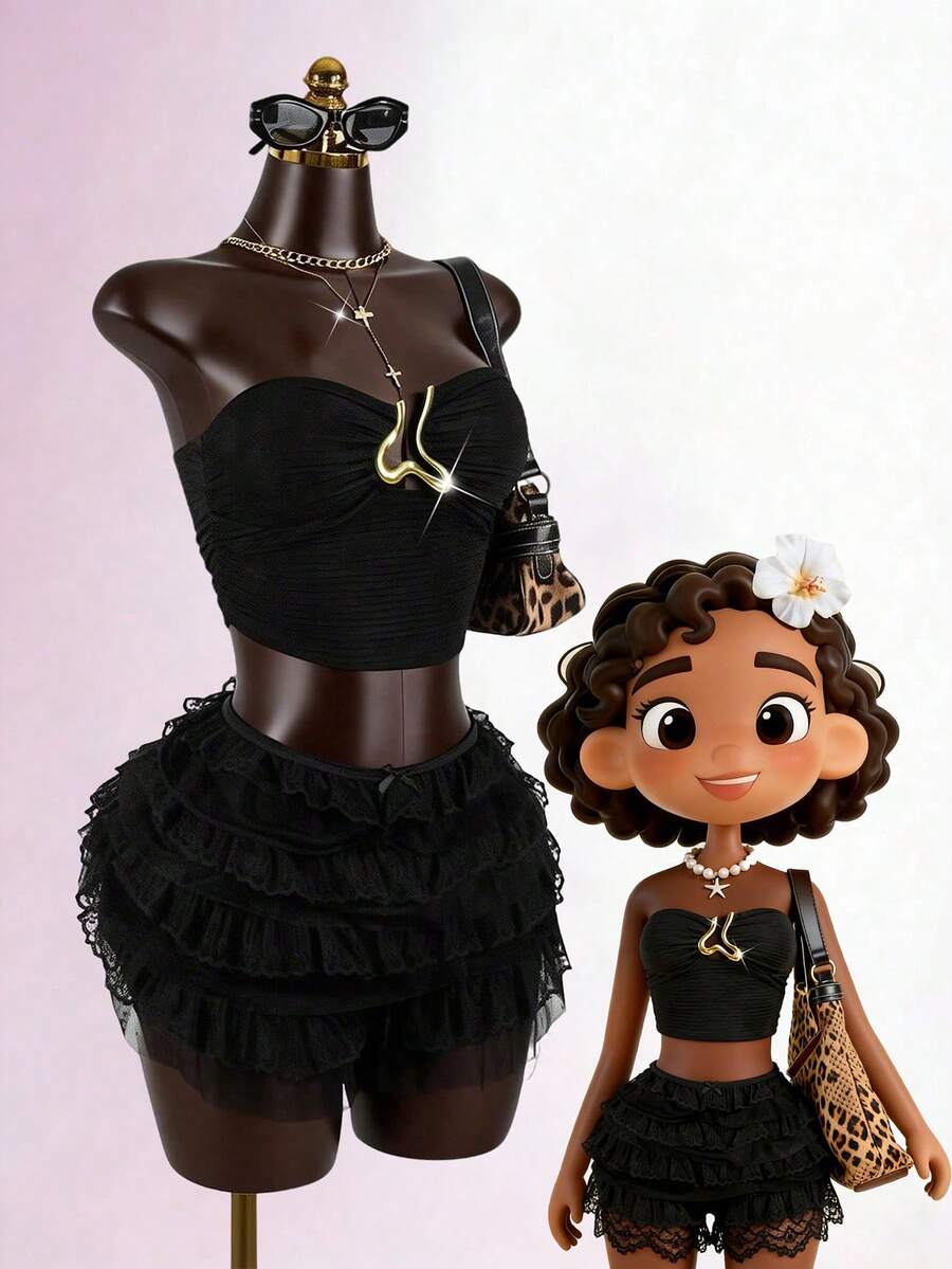 SaltGleam SaltGleam Top corto elegante con hebilla de metal decorativa para uso diario y vacaciones, estilo callejero juvenil para primavera/verano - Negro - Ver 1