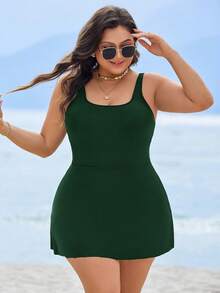 Swim Lushoire Plus Size Women Solid Color Casual Beach Romper Swimsuit - Dark Green - View 7
