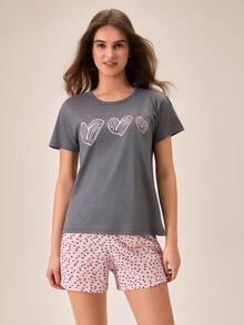Loomlin Women Cotton 2 Pcs Grey Contrast Colour Heart Printed Round Neck Short Sleeved Shirt& Pink Heart Pattern - Grey - View 3