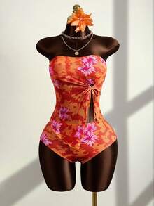 Zestiva 2pcs Women's Tankini Set, Halter High Waist Swimwear With Drawstring, Lily Flower Print, Bohemian Style For Beach, Pool Party, Spring/Summer - Multicolor - View 5