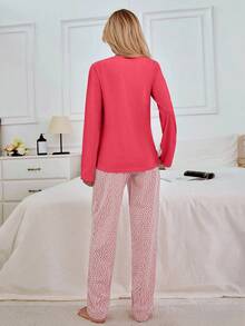 EURMUSE 100% Cotton 2Pcs  Heart Printed PJ Set - Hot Pink - View 2