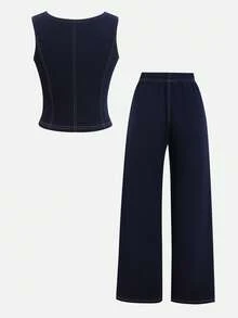 Conjunto de 2 piezas de niña preadolescente para ir a la escuela o eventos formales, con top sin mangas elegante y pantalones rectos holgados con contraste de pespuntes y chaleco vaquero de verano - Azul - Ver 2