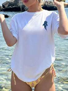 Sundraya Camiseta de cuello redondo holgada para mujer, con estampado de criaturas marinas, adecuada para vacaciones de verano en la playa - Blanco - Ver 2