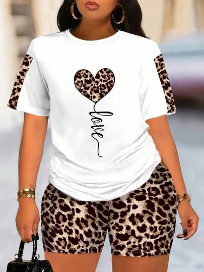 Maweii Pantalones de dos piezas con estampado de leopardo en forma de corazón y letra para talla grande para el verano