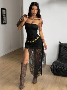 Coolane Women's Summer Streetwear Y2K Chic Date Night Vacation  Music Festival Club Outfits Sexy Lace Concert Music Festival Sleeveless Asymmetrical Dress - Black - View 6