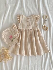 Loomiva Conjunto de vestido y sombrero con volantes y estampado floral crema para bebé niña, de verano - Beis - Ver 6