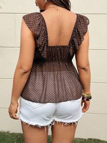 Sunnyshic Blusa Elegante e Fofa com Estampa de Poá Retrô, Gola Quadrada, Manga Bufante, Laço com Cordão, Plissado em Linha A, na Cor Café, para Mulheres Plus Size - Café - Visão 2