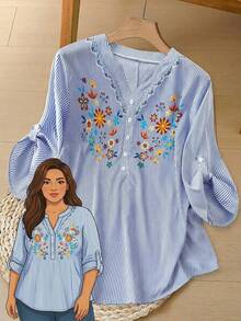 Rusticease Camisa de mujer de talla grande con estampado floral y de rayas de manga 3/4 para principios de primavera - Multicolor - Ver 2