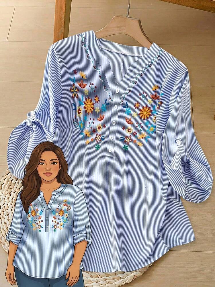 Plus Size Women's Early Spring Floral & Striped 3/4 Sleeve Shirt