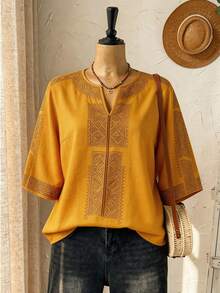 Rusticease Plus Size Women's Casual White Hollow Embroidery Blouse,Fall Clothes - Yellow - View 3