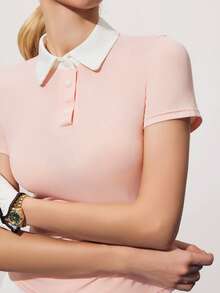 CourtClass CourtClass 女士撞色 Polo 领短袖高尔夫球衫 - 粉色 - 查看 4