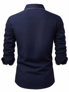 Manfinity Bizformal 男士翻领单排扣休闲百搭通勤长袖衬衫 - 藍色 - 查看 2