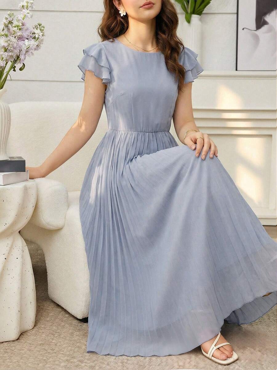 SHEIN 少女优雅简约时尚V领荷叶边无袖高腰中长纯色雪纺面料灰蓝色连衣裙，夏季少女毕业/婚礼礼服浅灰蓝色连衣裙荷叶边袖连衣裙褶皱长裙灰蓝色连衣裙女士中长连衣裙夏季连衣裙褶皱连衣裙女士春季连衣裙优雅女装 - 霧霾藍 - 查看 1