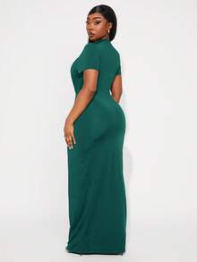 Radiana Plus Size Solid Color Elegant Waist Cinching Party Short Sleeve Dress - Dark Green - View 2