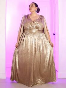 Pretty and Ole Plus Size Elegant Party Metallic V-Neck Ruched Dress, Party Wear - Gold - View 5