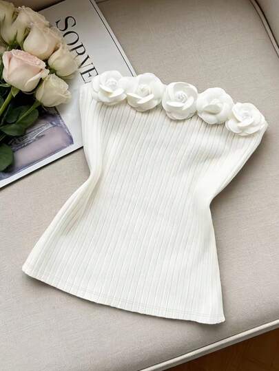 Resyla Top tubo de mujer elegante de unicolor con decoración floral 3D, para verano