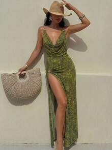 Bonvoyette Women's Leopard & Zebra Print Draped Neck Side Slit Hem Maxi Slip Dress Summer Beach Outfits For Women - Purple - View 1