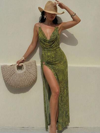 Bonvoyette Women's Leopard & Zebra Print Draped Neck Side Slit Hem Maxi Slip Dress Summer Beach Outfits For Women