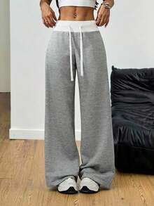 SHEIN PETITE 舒适休闲纯色针织低腰阔腿女式运动裤 - 灰色 - 查看 6