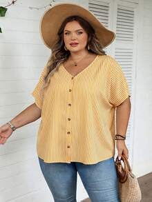 SHEIN CURVE+ 大码条纹印花V领前开襟纽扣休闲短袖衬衫，适合夏季/乡村/海滩度假/沙滩穿着，夏季上衣 - 黃色 - 查看 5