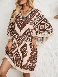 Breezaya 2026 New Spring/Summer Vacation Casual Bohemian Style Loose Batwing Sleeve Straight Silhouette Slightly A-Line Unwaisted V-Neck Fringe Hem And Cuff Design Dress, Available In Apricot, Khaki, And Digital Printed Vacation Dress For Women - Khaki - View 2