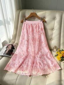 GlowEve Women's Elegant Delicate Heavy-Duty Mesh Double-Color Embroidered Textured Random Cut Elastic Waist Flared Layered Skirt, Spring/Summer Embroidered Skirt Prom Skirt Womens Skirts Skirt For Wedding Organza Skirt - Pink - View 4