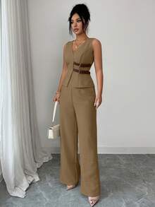 SHEIN Elenzya 女士优雅无袖腰带装饰西装背心和裤子套装，商务通勤风格，适合春夏穿着，教师装、办公室服装、返校季、约会、度假、通勤等场合，百搭优雅复古春季套装 - 卡其色 - 查看 7