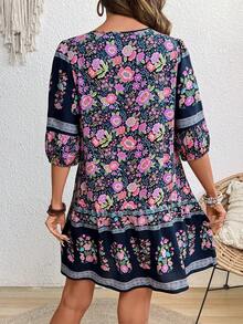 Breezaya Vestido con mangas de farol con estampado, cuello con lazo, para vacaciones y playa - Morado - Ver 2