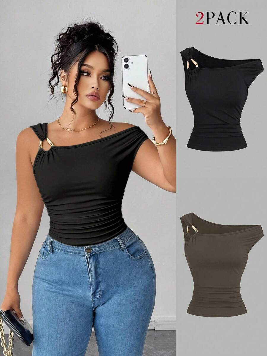 Elenzga Bộ 2 áo thun cỡ lớn cổ lệch, ôm dáng, đa năng, thích hợp mặc mùa xuân/hè. - Nhiều màu - Xem 1