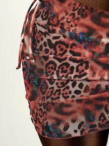 Mistrie 女士夏季沙滩豹纹吊带系带性感比基尼三角裤泳衣套装，含迷你裙 - 棕色 - 查看 9