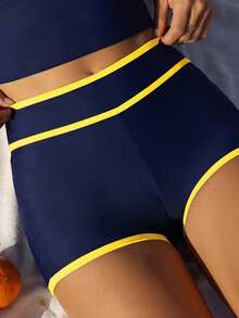 Costavie 2026春夏吊带蓝杏色撞色三角杯高腰短裤甜美女士两件式比基尼泳衣 - 藏蓝色 - 查看 5