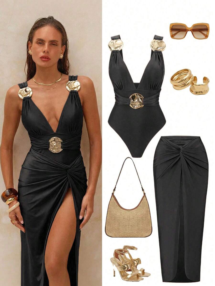 Swim Oasis Bộ đồ bơi liền thân màu nâu trơn thanh lịch gồm áo tắm và chân váy dài với họa tiết tròn màu vàng trang trí, dành cho nữ, kiểu dáng gợi cảm cho khu nghỉ dưỡng biển. - màu đen - Xem 1