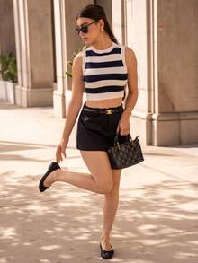 Andrea Bello 女式休闲简约海军蓝条纹短款针织毛衣 - 寶藍色 - 查看 6