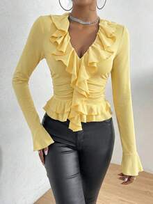 Glamine Blusa con cuello en V, volantes y mangas acampanadas, cintura fruncida en color amarillo mantequilla, camiseta de manga larga ajustada y sexy, capa base versátil y sexy para citas y uso diario, blusa elegante y ajustada todo a juego para mujer, blusas con volantes amarillas de manga larga - Amarillo - Ver 6