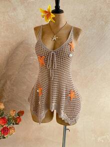 Soleia 女士V领镂空星形装饰不对称下摆罩衫 - 卡其色 - 查看 5