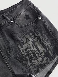 ROMWE Anime Plus Size Women Letter & Cartoon Character Pocket Decor Casual Denim Shorts - Black - View 4